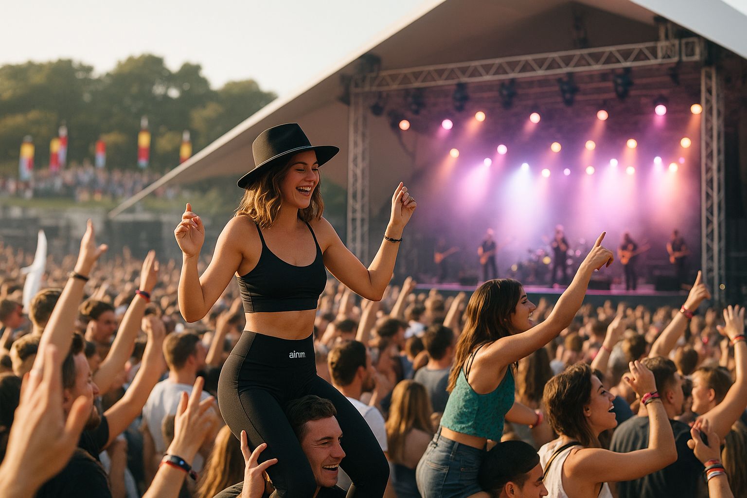 Energiegeladenes Festivalpublikum vor einer beleuchteten Bühne