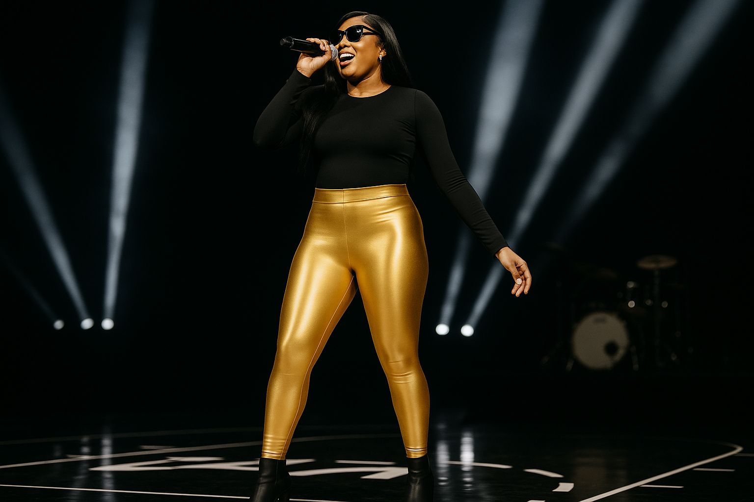 Sängerin in glänzender Leggings und Oberteil singt auf dunkler Bühne, umgeben von Lichtstrahlen.