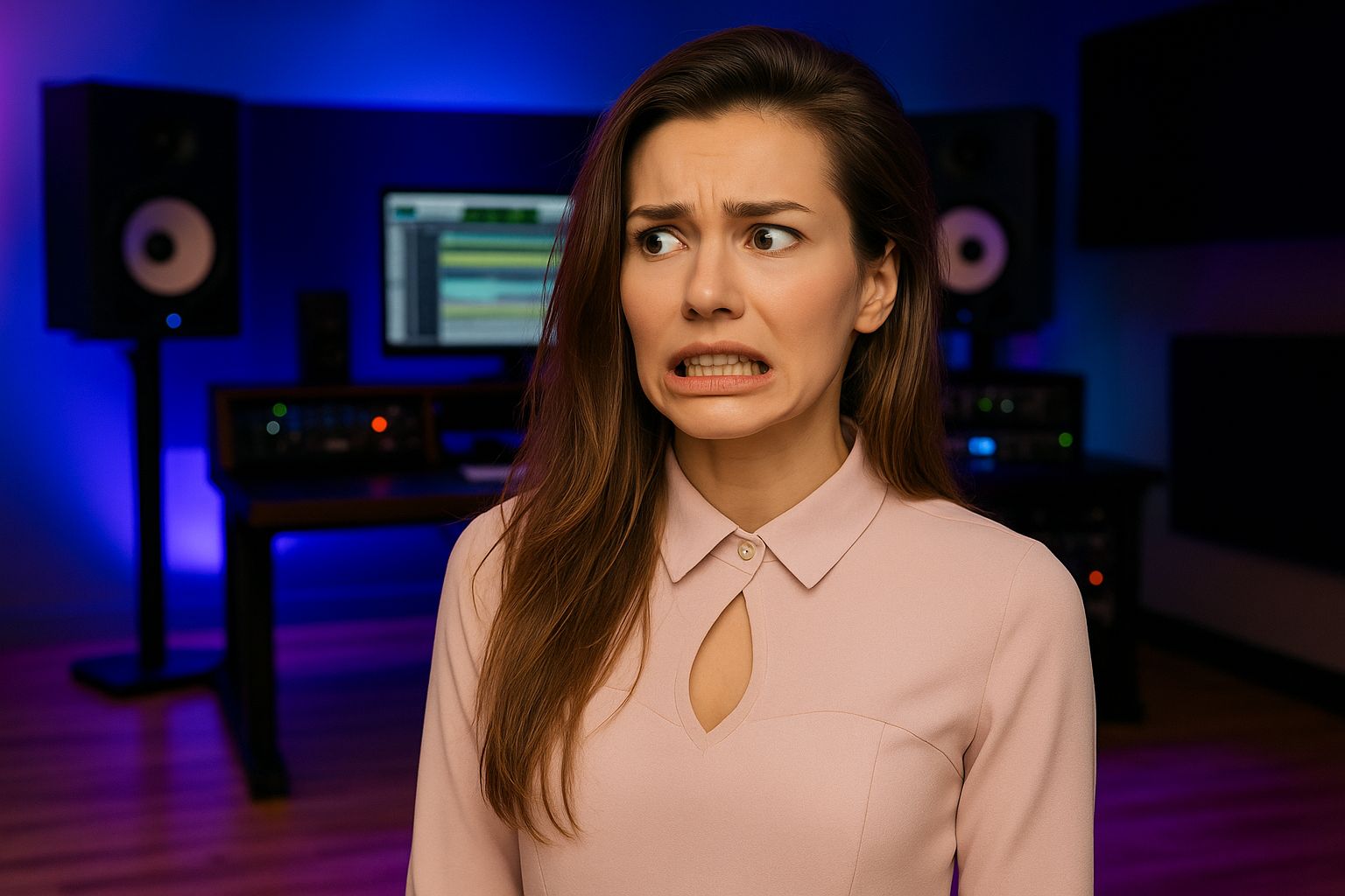 Sängerin in bunter Leggings und Mikrofon im Studio mit blauer Beleuchtung